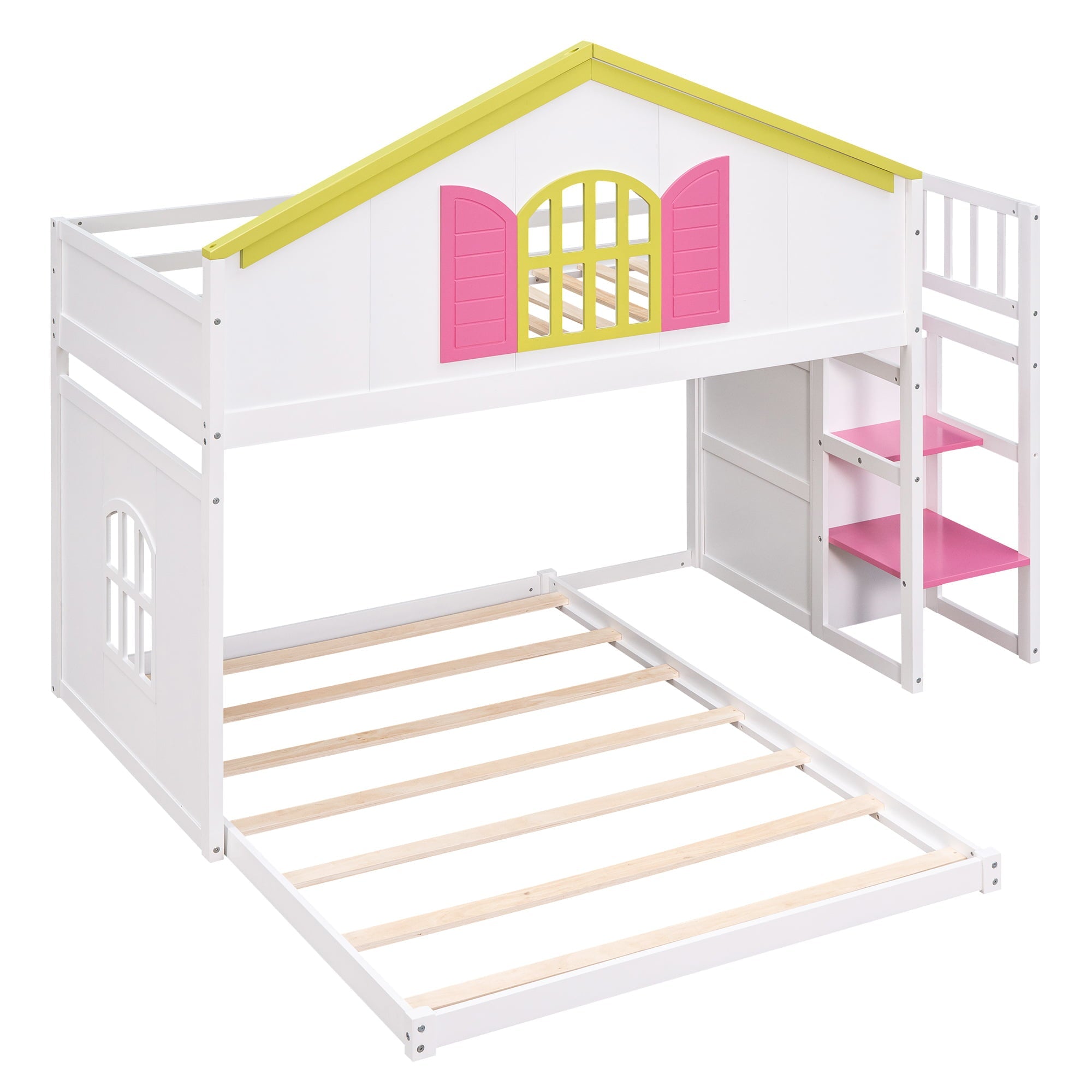 Leadzm Twin over Full House Bunk Bed with Pink Staircase and Drawer, Shelves Under the Staircase, House Shaped Bed with Windows, White