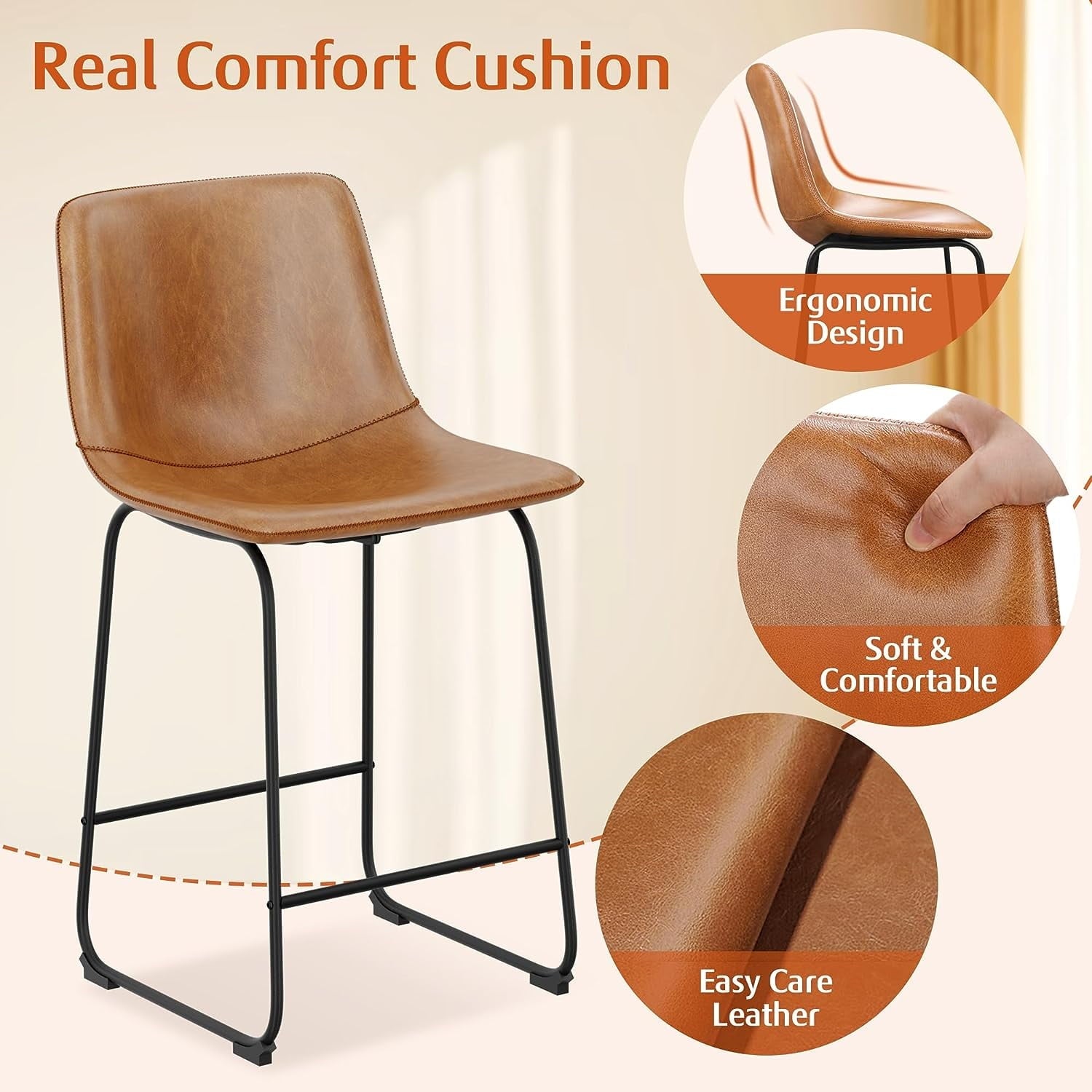 YaFiti Barstools 26'' PU Leather Counter Height Bar Stools Set of 4 with Back Modern Armless Chairs with Footrest and Metal Legs for Kitchen Living Room Pub, Brown