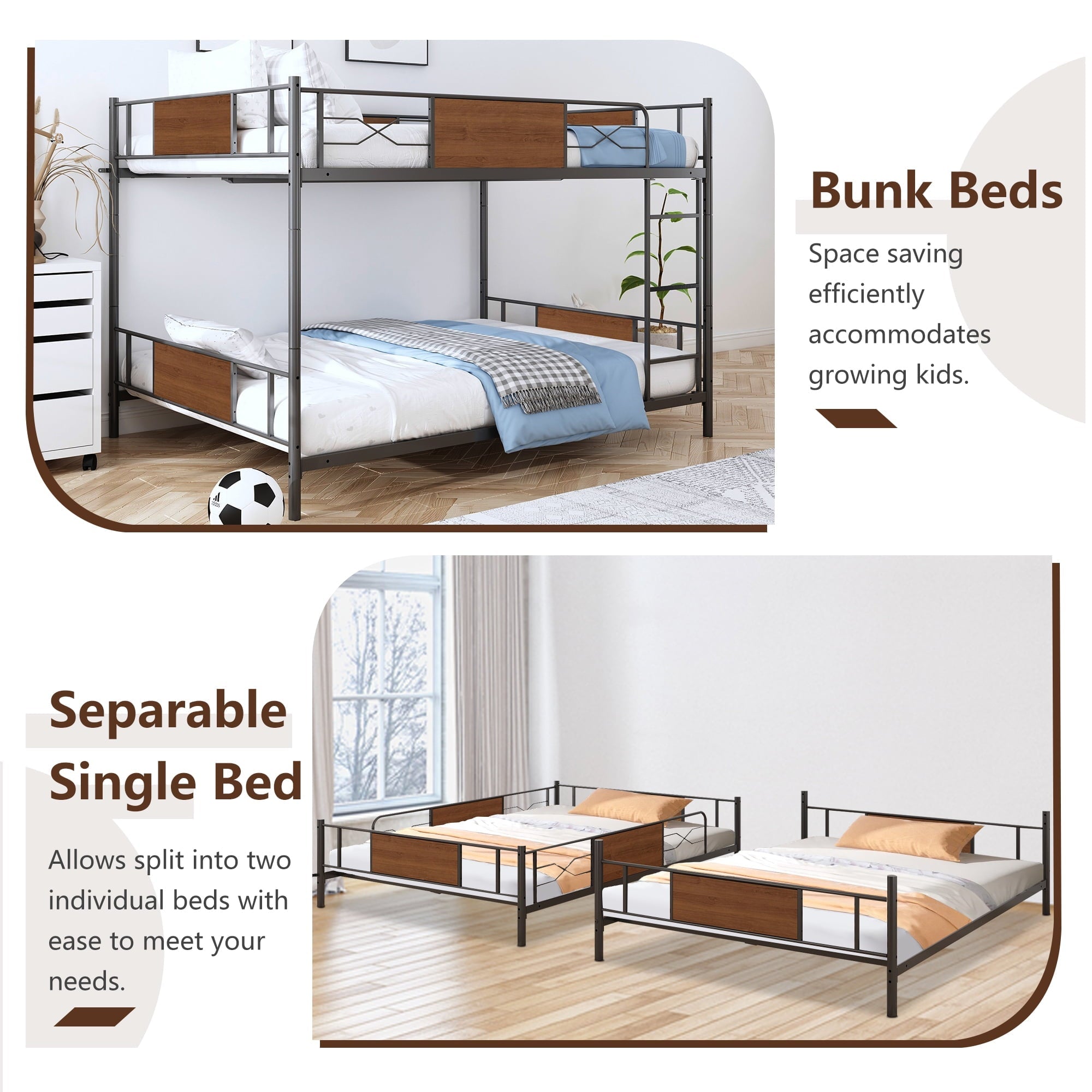 Full Over Full Metal Bunk Bed, HSUNNS Industrial Metal Low Bunk Bed for Kids Full Over Full, Modern Kids Convertible Bunkbed with Ladder, Guardrail, No Box Spring Need, Load-Bearing 400lb, Noise Free