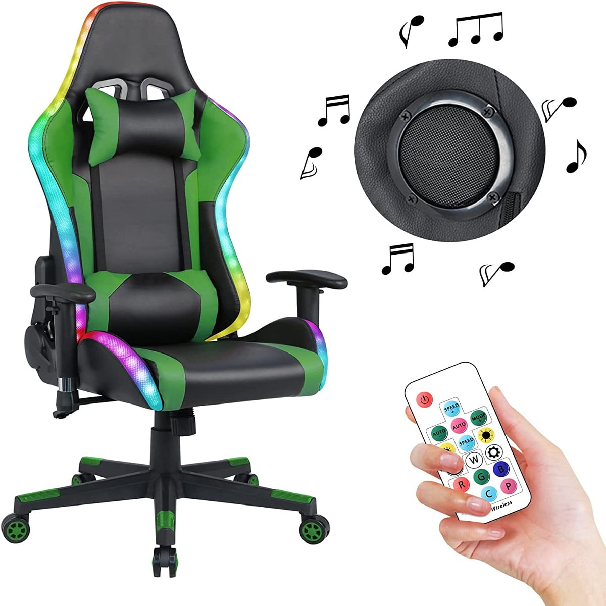 HomeMiYN Gaming Chair with Speakers Video and  RGB LED Lights, Pink PU Leather Ergonomic Racing Office Chair