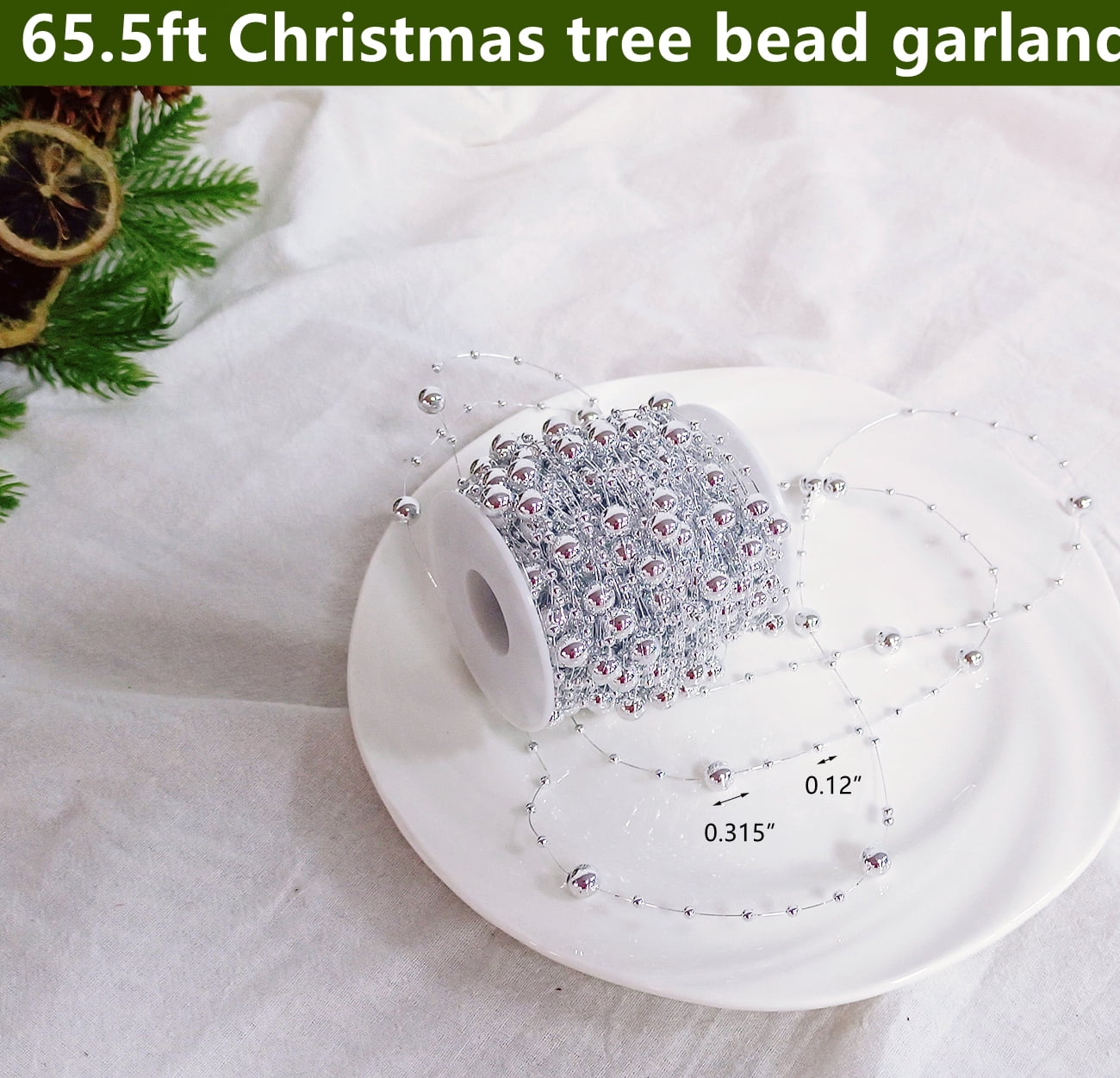 Christmas Tree Garland Decoration, Beads Garland Pearl Strands for Christmas Tree and Crafts 65.6ft Silver