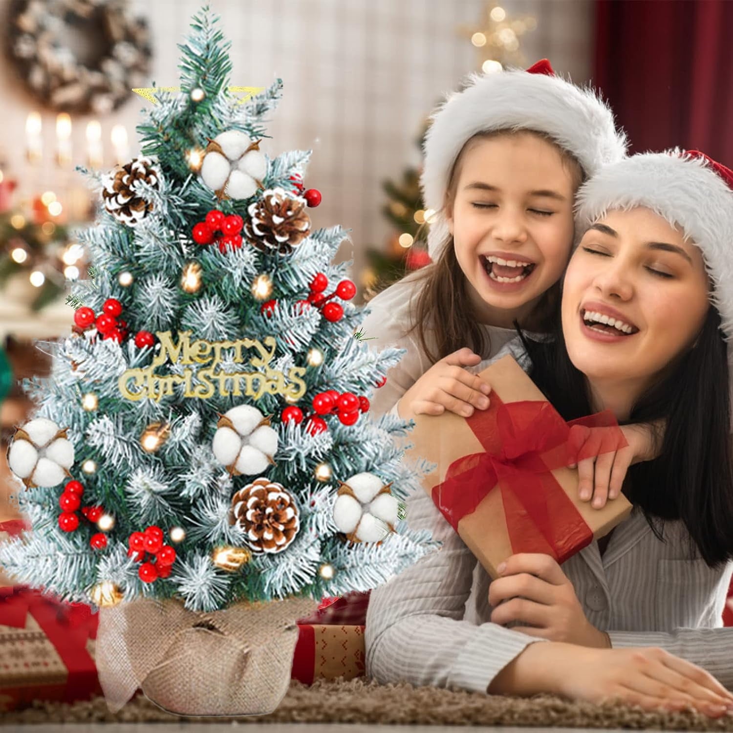 Melliful Small Pre-lit Tabletop Christmas Tree, Artificial Mini Christmas Tree Desktop Christmas Pine Tree with Hanging Ornaments and Stand for Christmas Holiday Decoration