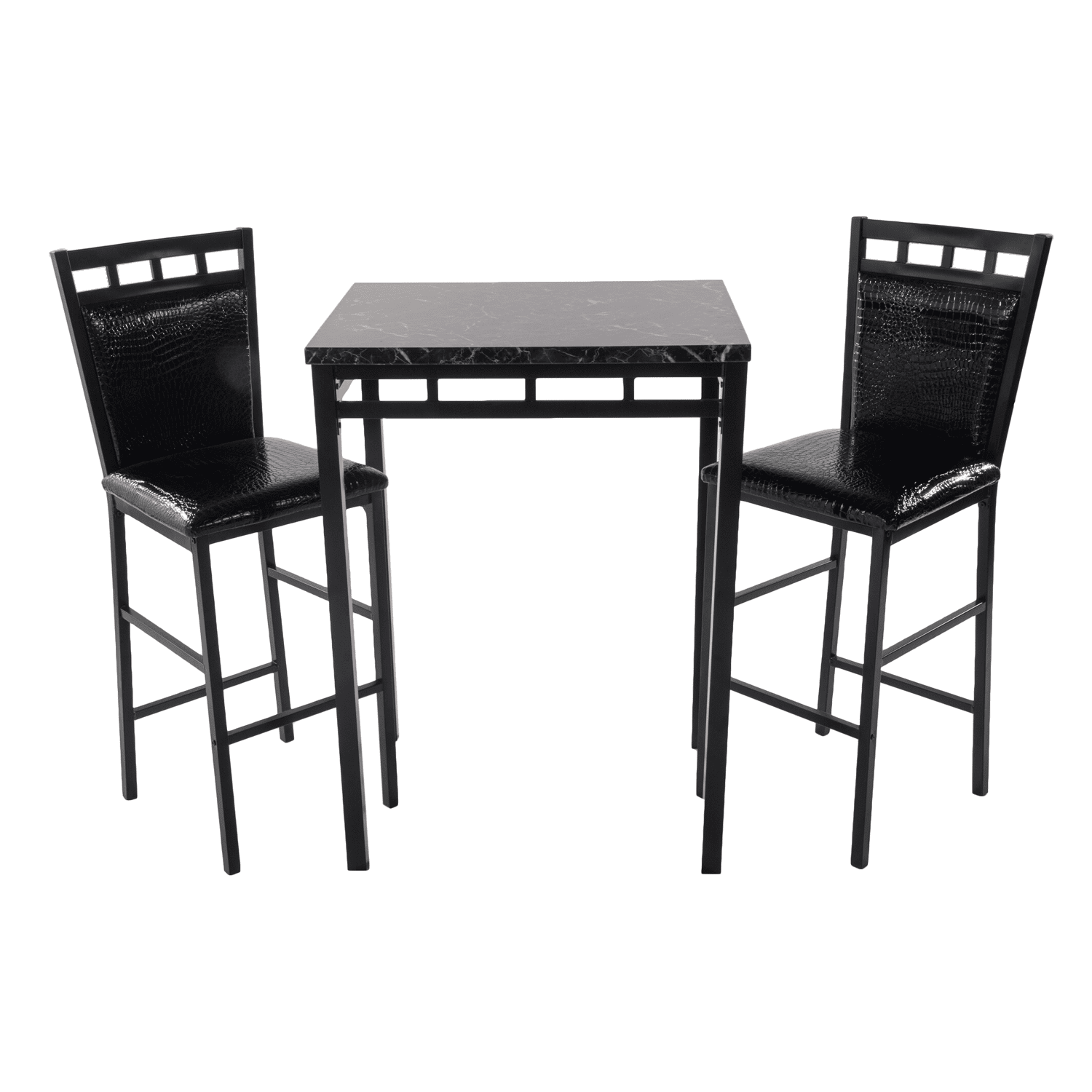 Home Source Eric 3-piece Bistro Set with Counter Height Black Faux Marble Table and 2 Textured Faux Leather Side Chairs