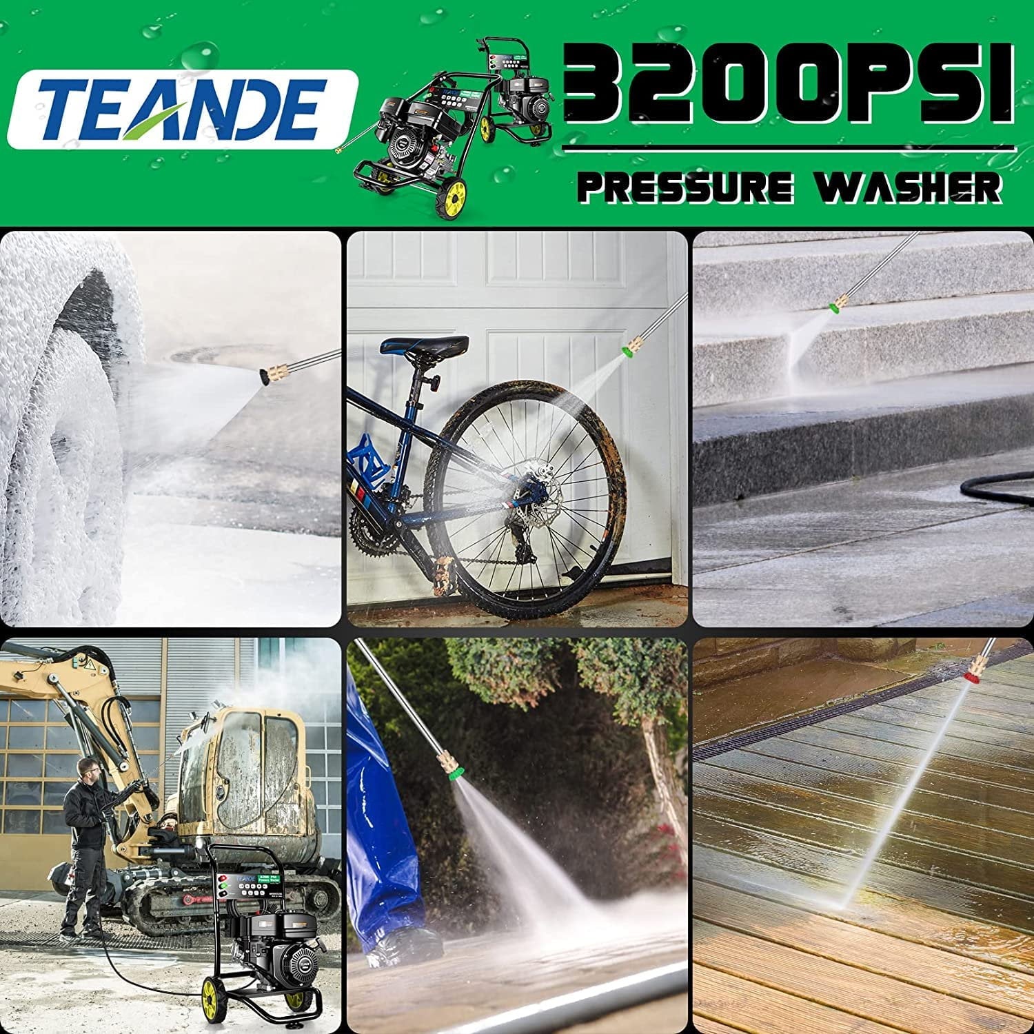 TEANDE Gas Pressure Washer Powered, 2.6 GPM 209cc 7.0 HP Power Washer with 3 Quick-Connect Nozzles, 25’ Hose for Cars, Driveway, Patio, Siding, Fence Cleaning