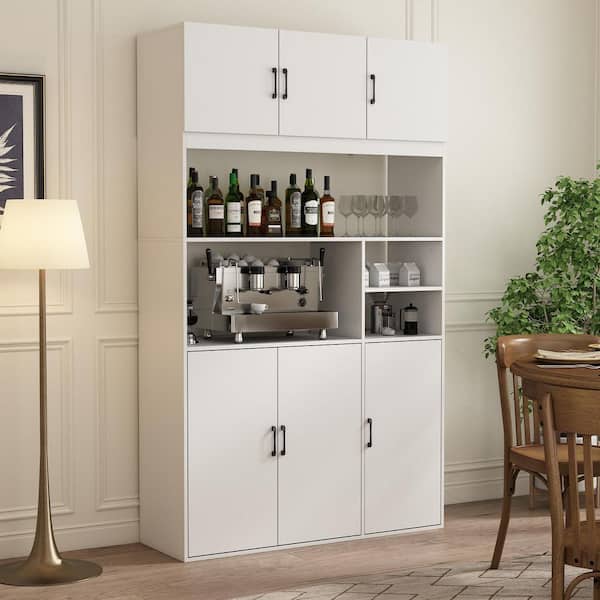 White Wooden Sideboard, Food Pantry, Wine Cabinet, Storage Cabinet with 4 Cabinet and 4 Open Shelves