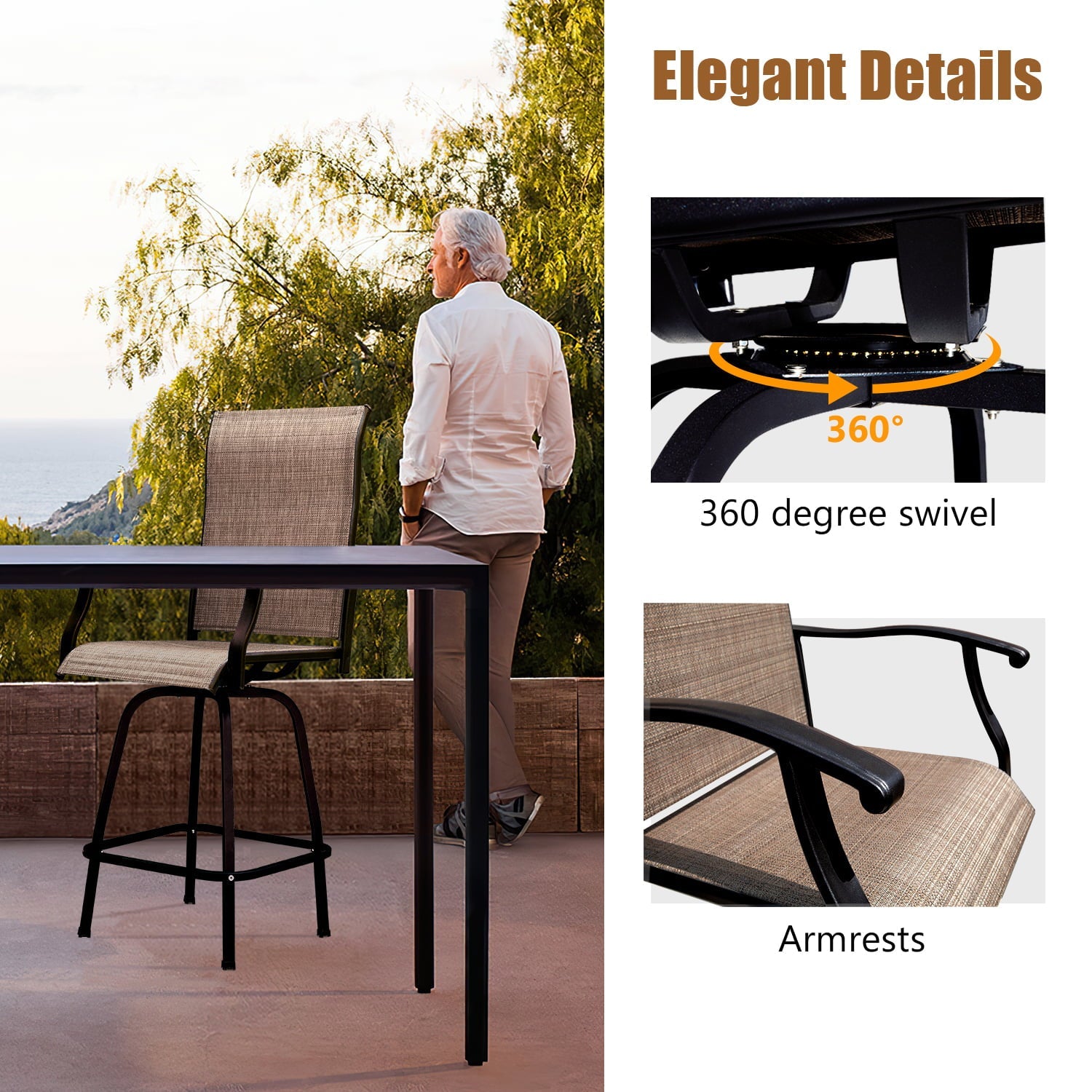 LACOO Patio Bar Height Bistro Chair Set of Two,Tan