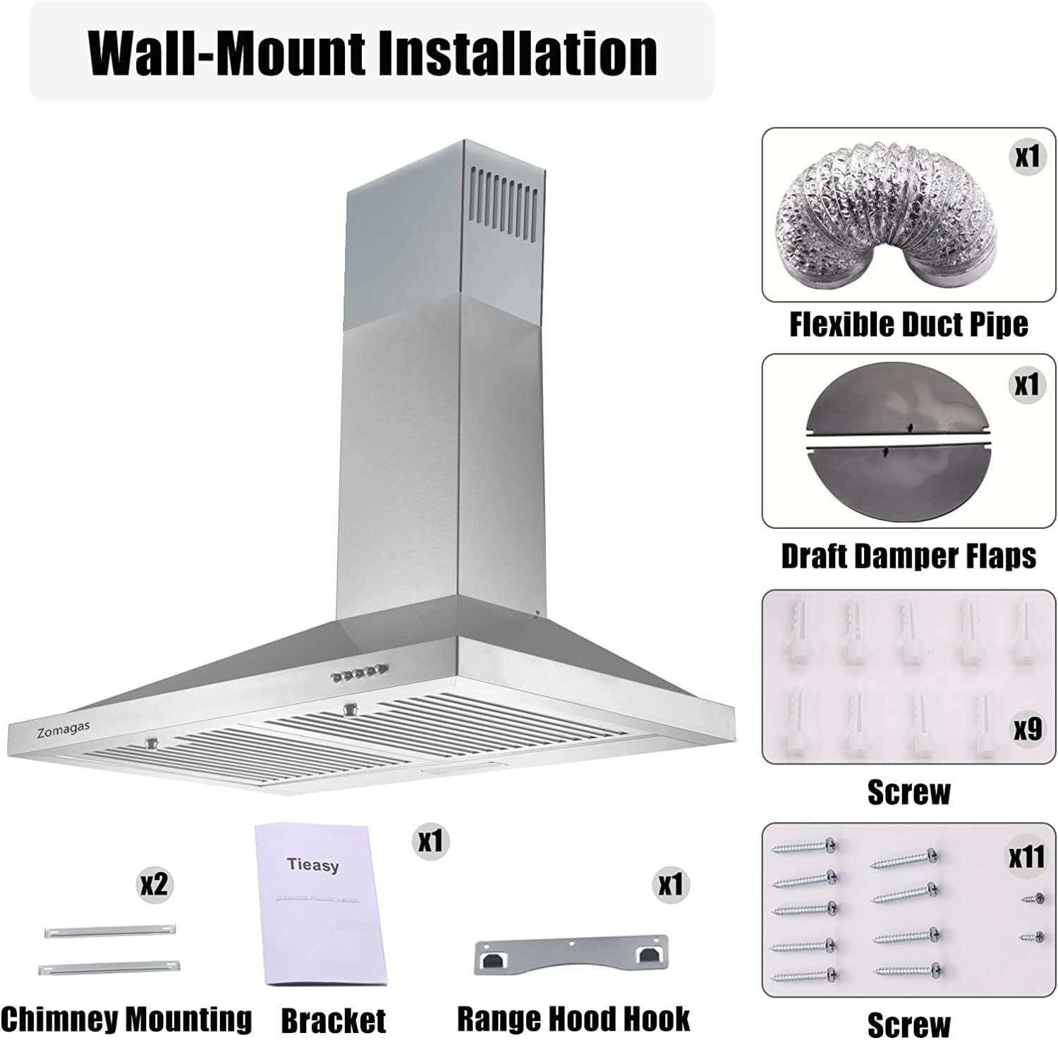 24 inch Range Hood Wall Mount Vent Hood in Stainless Steel 450CFM 3 Speed Exhaust Fan