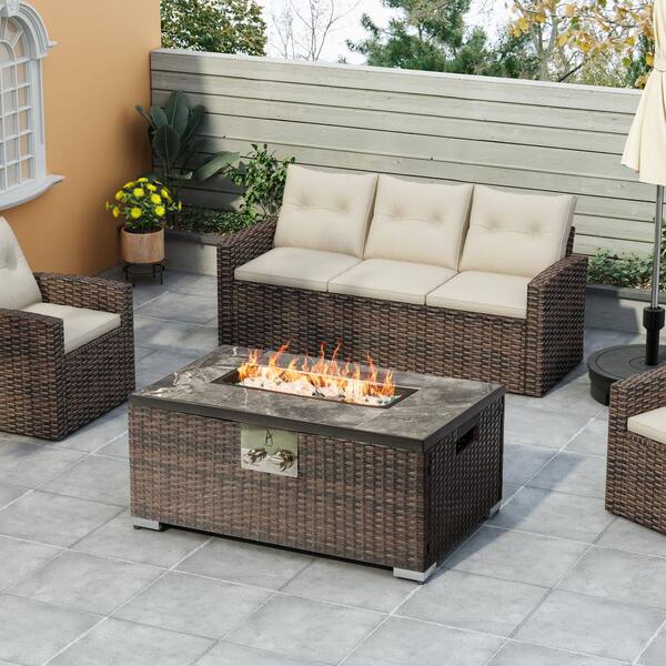 Outdoor Brown Rectangular Wicker 19 in. Fire Pit Table
