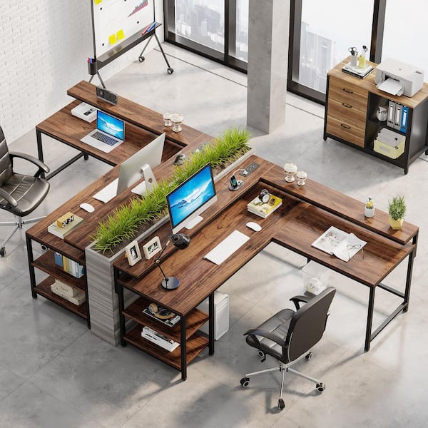 Perry 78.7 in. L Shaped Rustic Brown Wood Computer Desk with Power Outlets, Monitor Stand and Storage Shelves