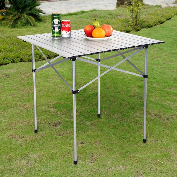 White Aluminum 28 in. H Outdoor Bistro Table Roll Up Portable folding Camping Picnic Table with Extension