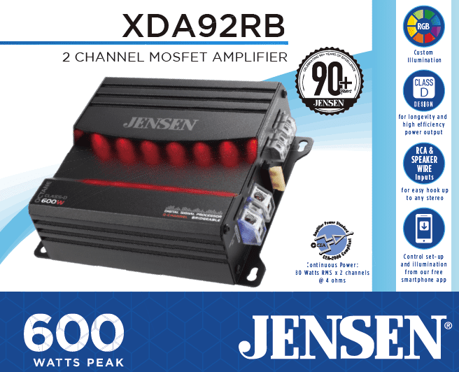 JENSEN XDA92RB Class D 2 Channel Bridgeable Amplifier with 80 Watts x 2 RMS, 600 Watts