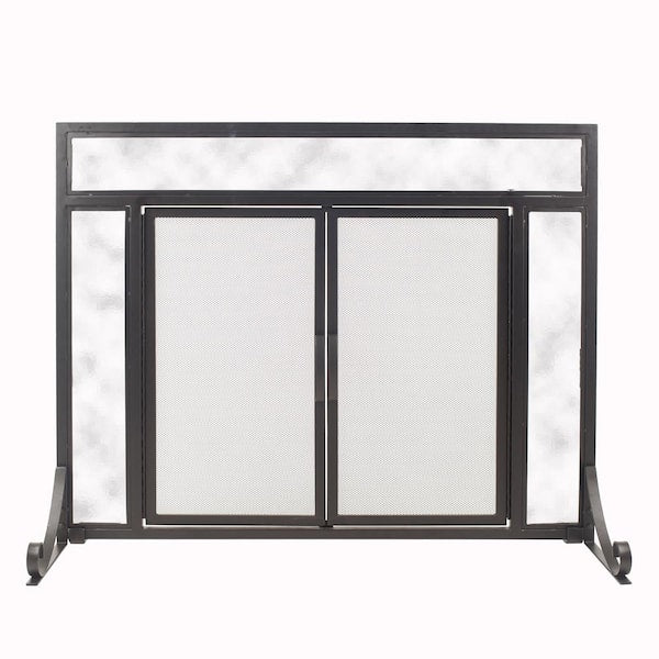Manchester Petite Size Black Steel and Glass Single-Panel Fireplace Screen with Doors