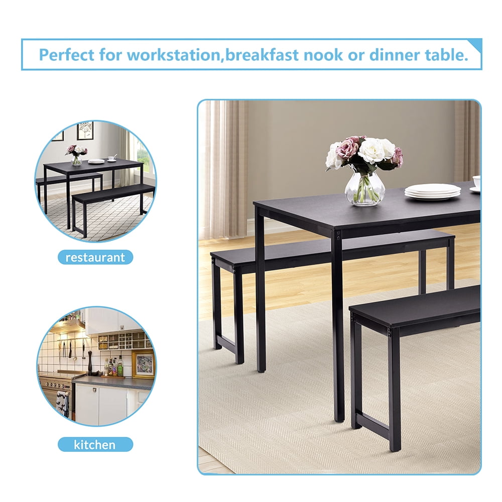 uhomepro Dining Room Table Set, 3-Piece Breakfast Nook Dining Table Set with Two Benches, Dining Room Table Set Kitchen Table Set with Metal Frame, Modern Furniture for Home Cafeteria, Black
