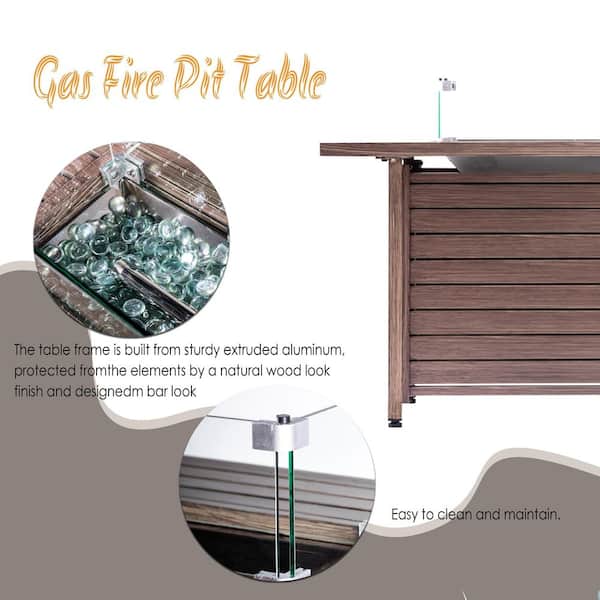 57 in. Aluminum Rectangular Fire Table with Glass Wind Guard, Nature Wood Coating