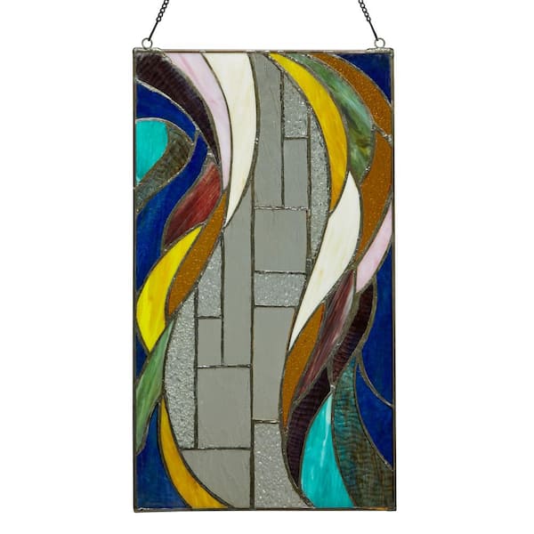 Colorful Flowing Border with Clear Geometric Center Multicolored Stained Glass Window Panel