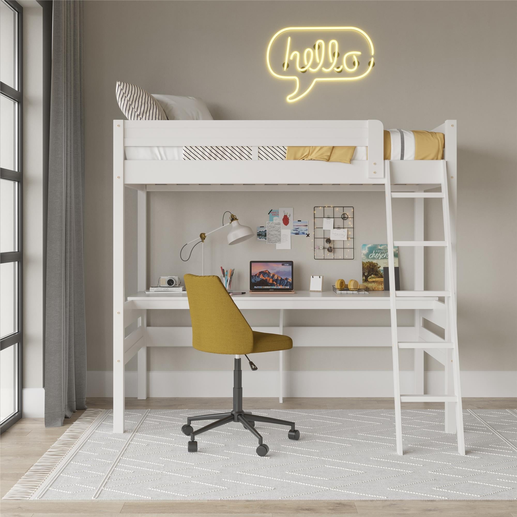 Teen Novogratz Lennon Twin Size Loft Bed with Desk, White