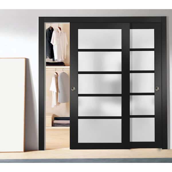 72 in. x 80 in. 5-Panel Black Finished Solid MDF Sliding Door with Closet Bypass Hardware
