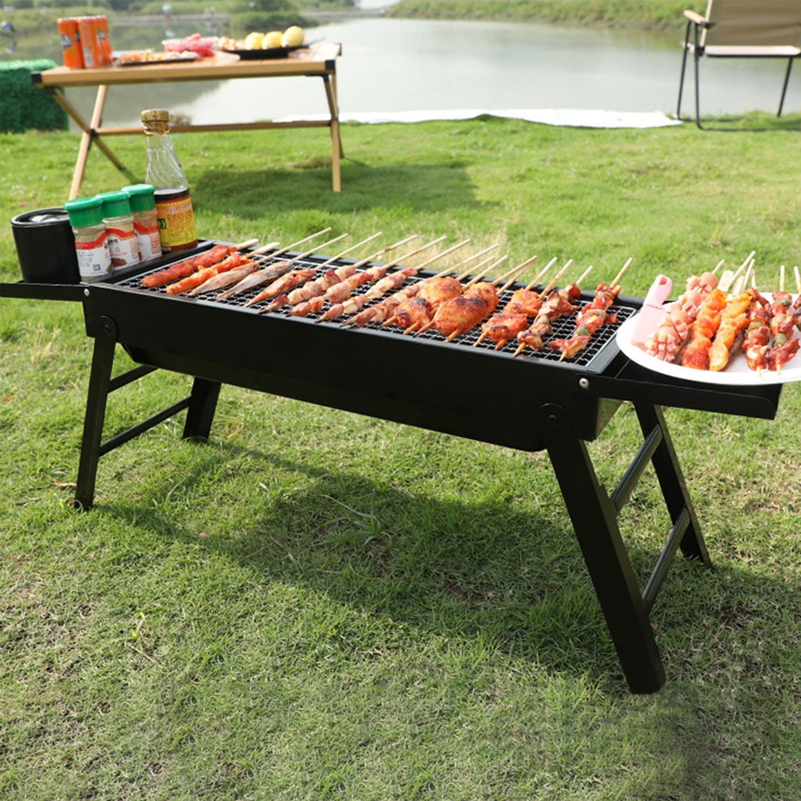 HomChum Outdoor Barbecue Grill 24Inch Portable Foldable Charcoal Portable Rotisserie BBQ Grill Smoker Tool, Black