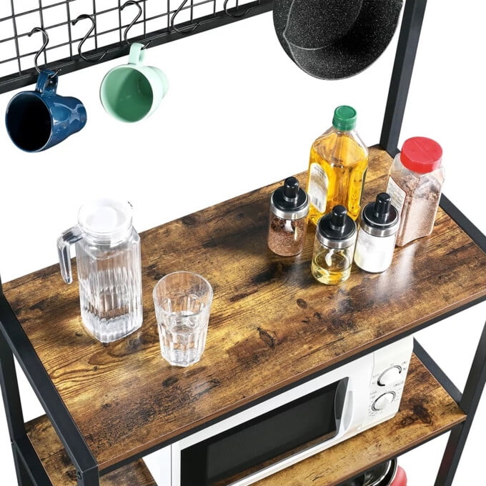 Vebreda Baker's Rack, Industrial Kitchen Island with Hooks Microwave Stand Adult