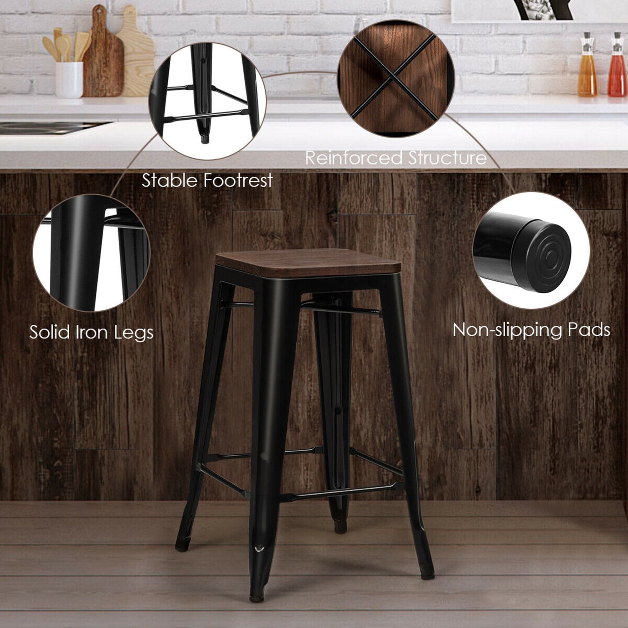 Gymax Set of 4 Counter Height Backless Barstool 26'' Metal Stackable Stool w/Wood Seat