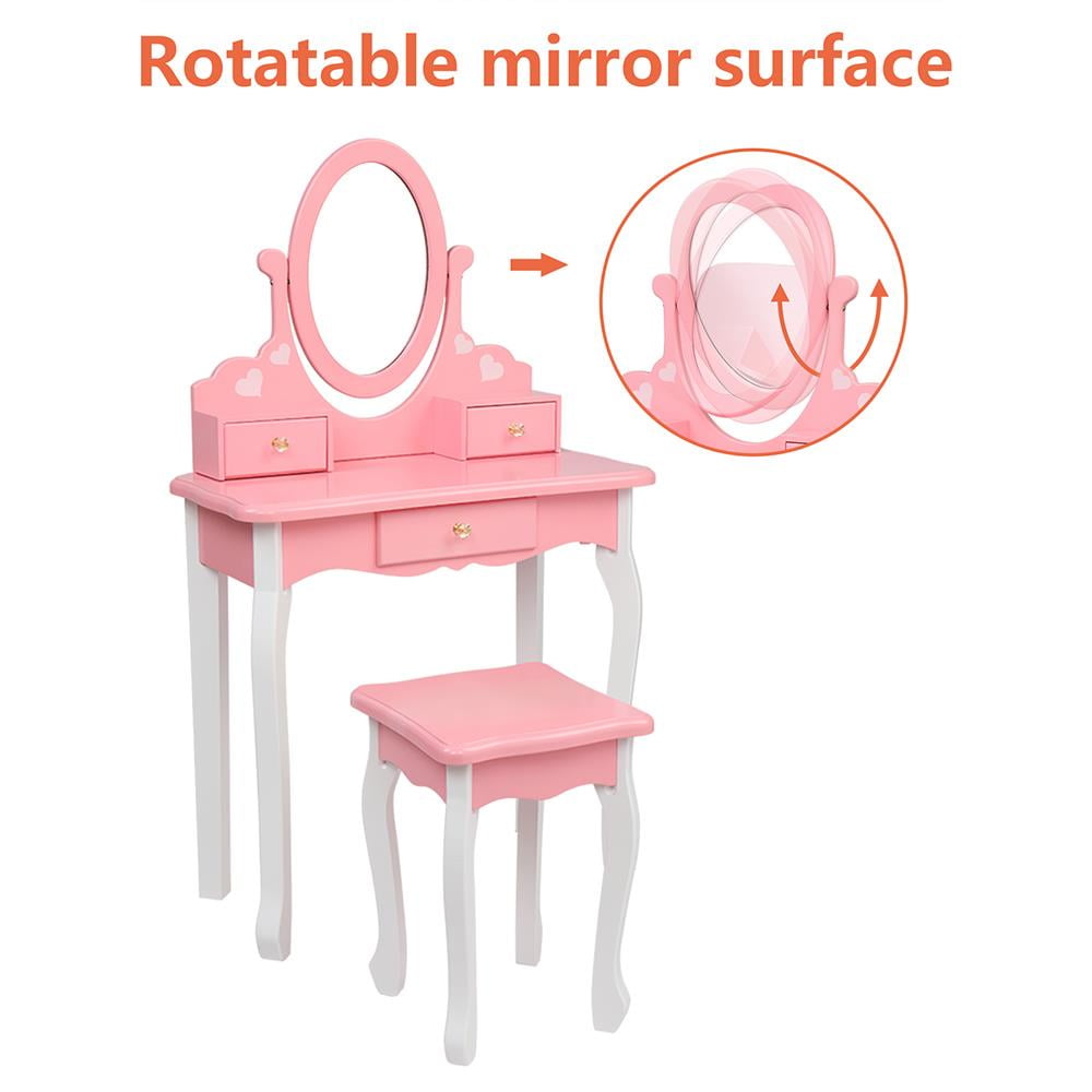 BaytoCare Kids Vanity Table Wooden Dressing Table with Stool and Drawer