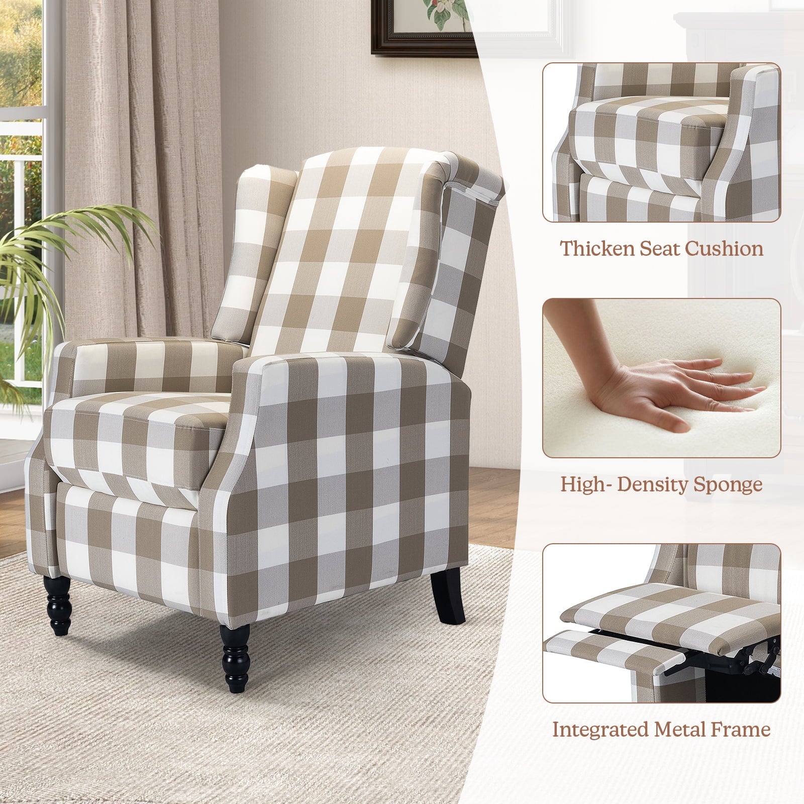 14 Karat Home Home Theater Recliner Chair with Padded Seat & Footrest, Beige Plaid