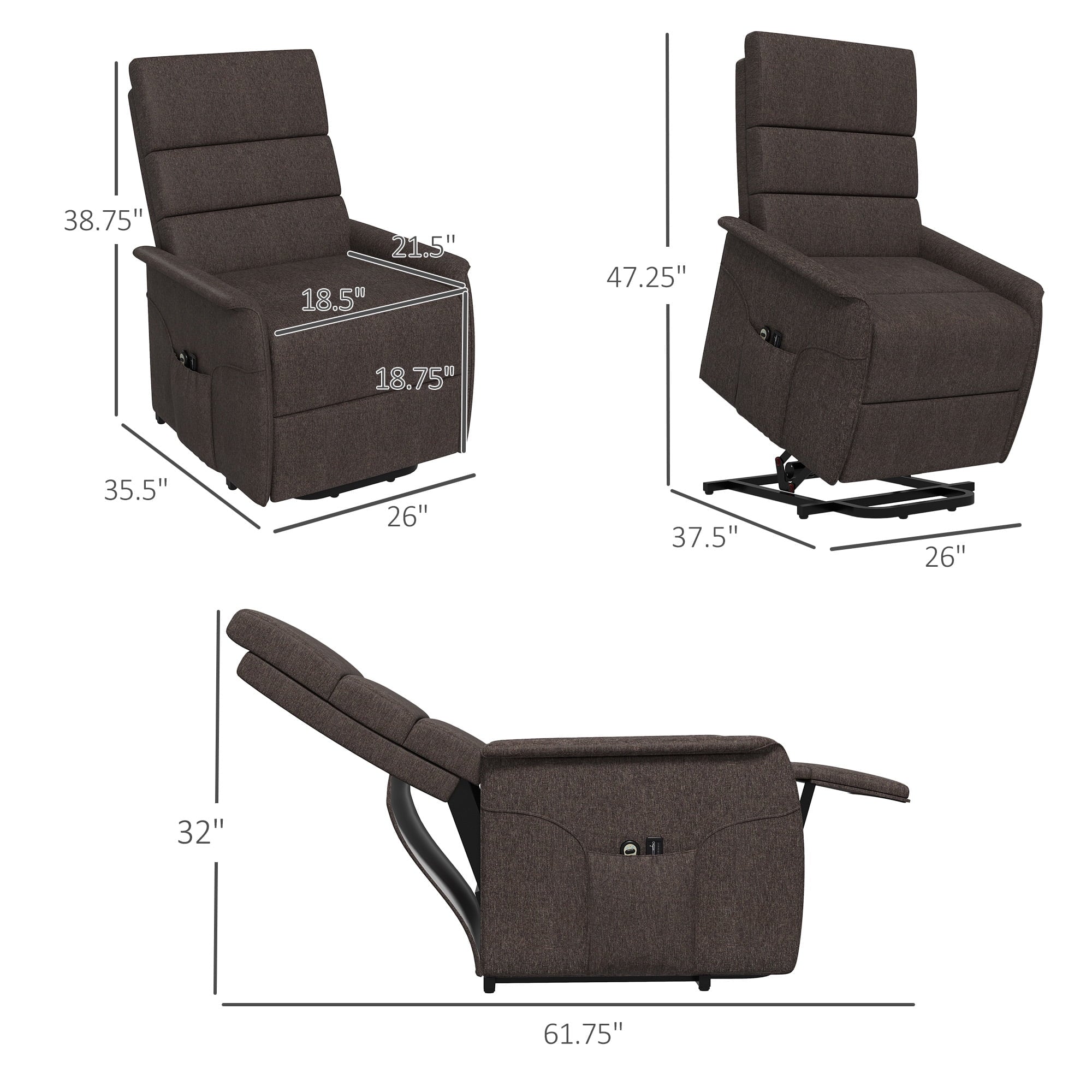 HOMCOM Power Lift Recliner Chair with Vibration Massage with Remote Control, Side Pockets, Brown