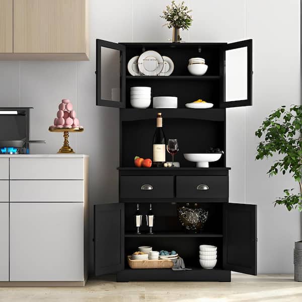 Black Wood 31.5 in. Kitchen Island Buffet Hutch Pantry Cabinet with 2 Drawers and Adjustable Shelves