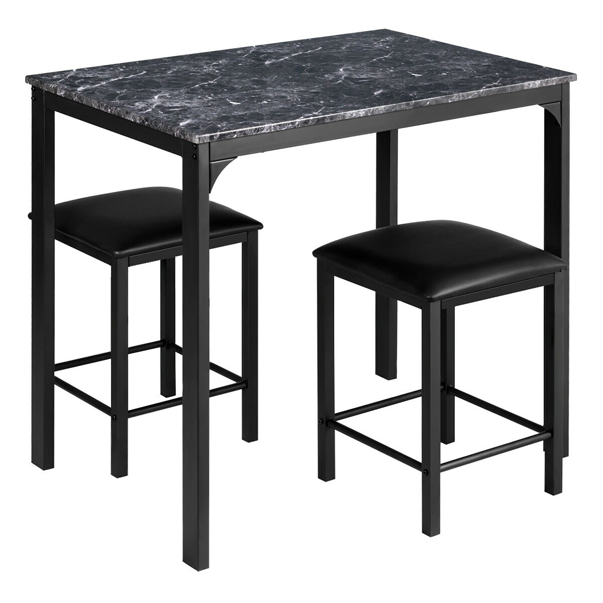 Costway 3 Piece Counter Height Dining Set Faux Marble Table 2 Chairs Kitchen Bar Black