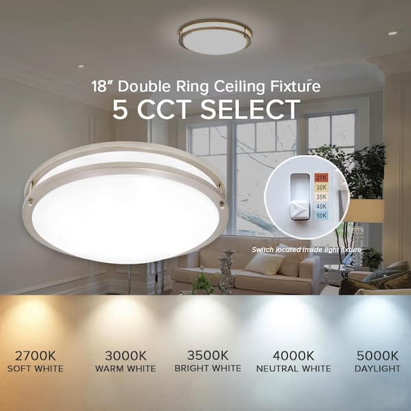18 in. Satin Nickel Selectable LED Ceiling Flush Mount Fixture, 5 CCT 2700K-5000K, 2000 Lumens, Dimmable