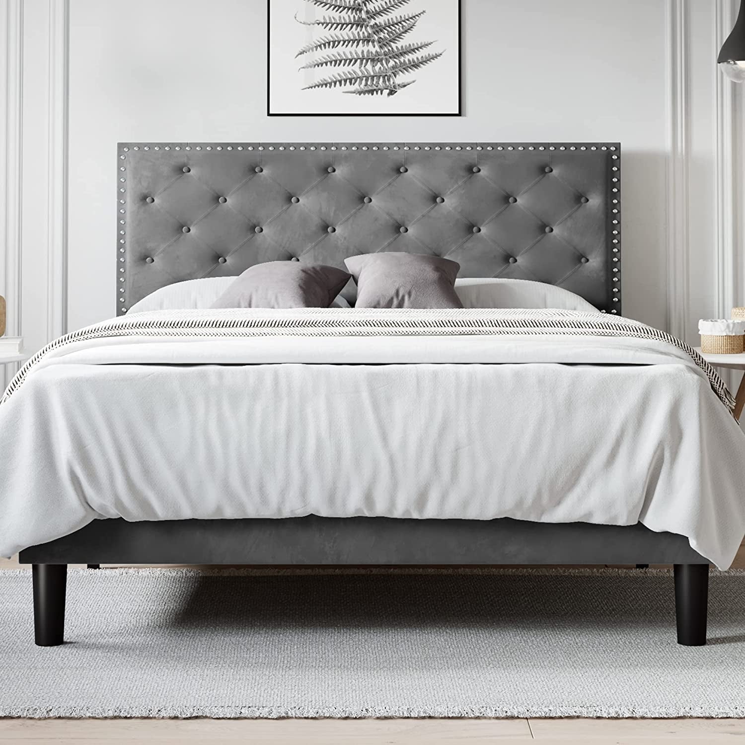 Allewie Queen Size Bed Frame, Velvet Upholstered Platform Bed with Adjustable Diamond Button Tufted & Nailhead Trim Headboard, Light Grey