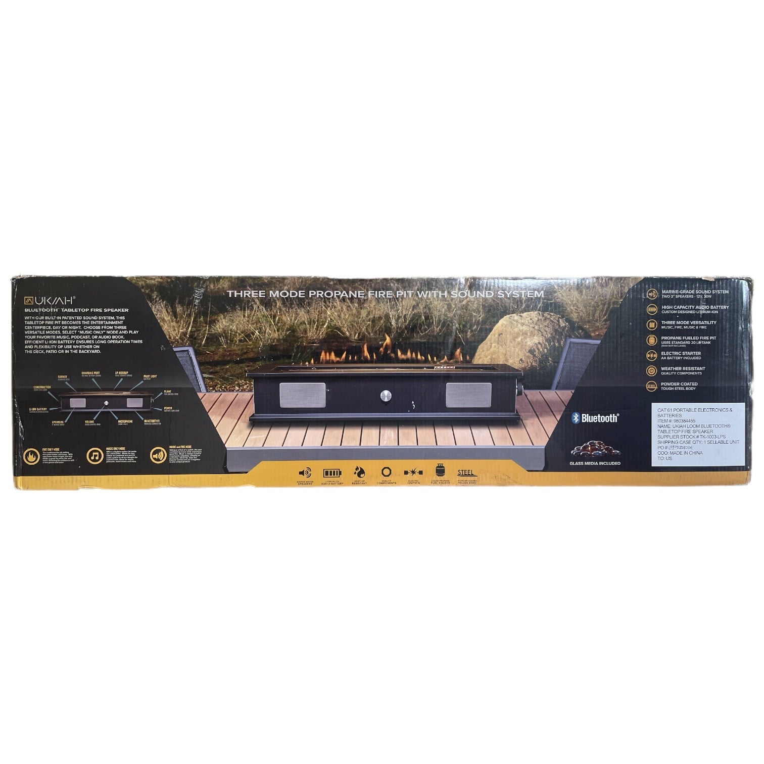 Ukiah Rechargeable Bluetooth Tabletop Propane Fire Pit Speaker 40,000 BTU Output