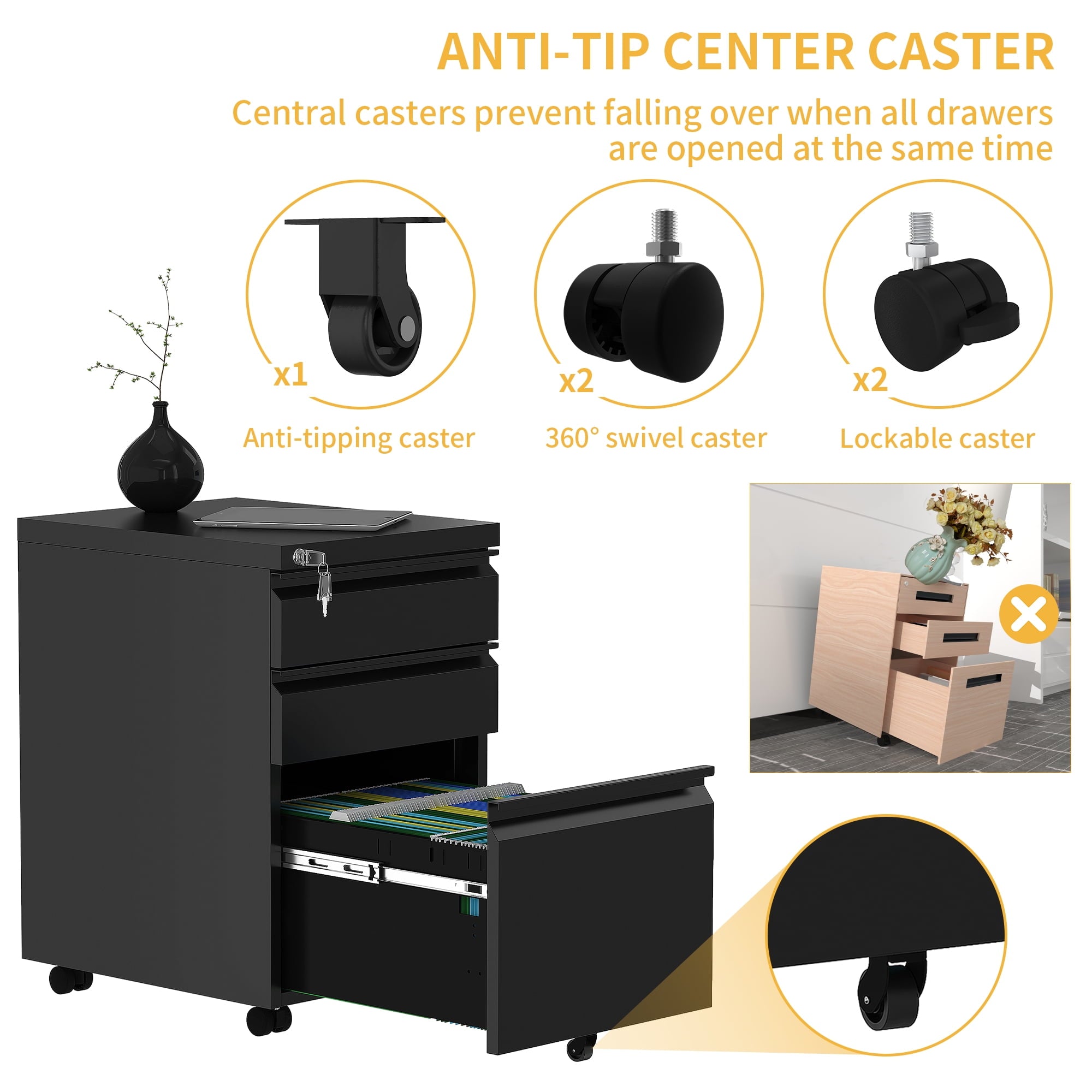 DWVO 3-Drawer Vertical File Cabinet Storage Mobile Office Metal with Key，Black