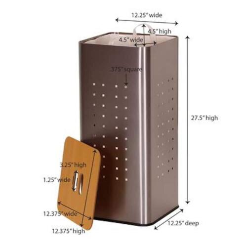 Laundry Hamper Silver Gray Stainless Steel Wooden Lid Removable Liner Modern