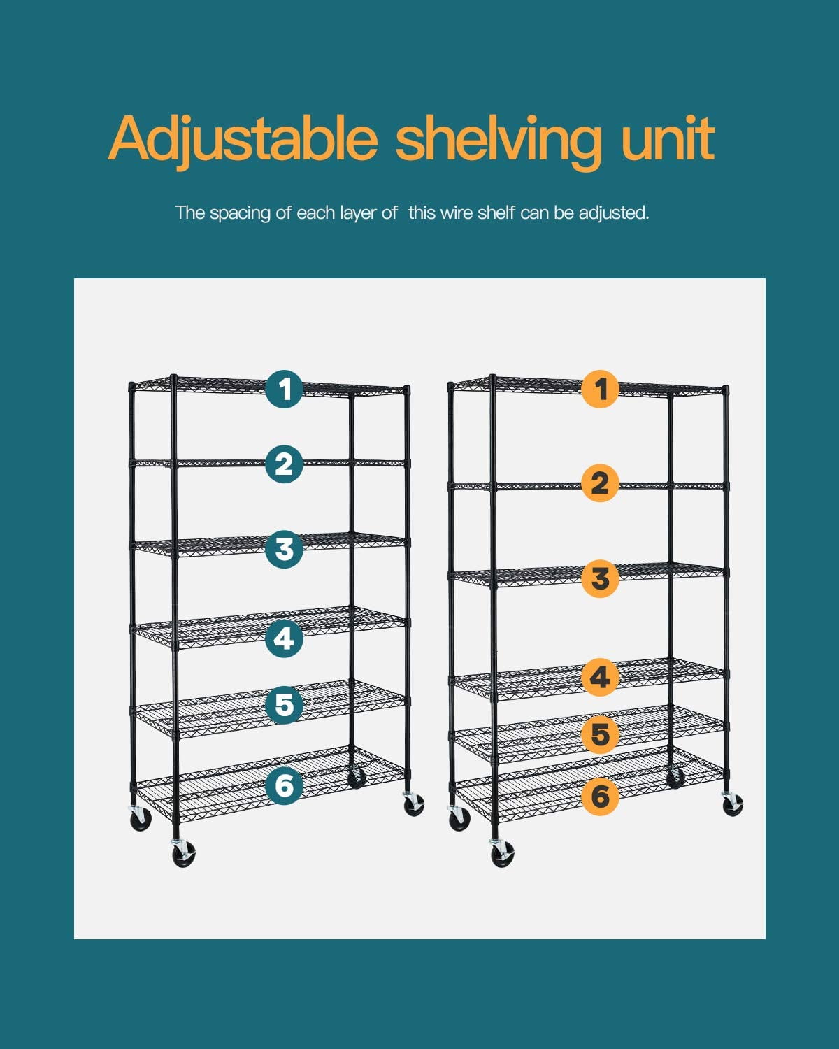 Black Commercial 6 Tier Shelf Adjustable Steel Wire Metal Shelving Rack
