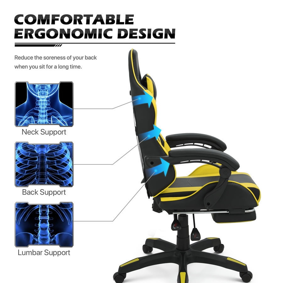 Yellow RECLINING Gaming Racing Chair Ergonomic Faux Leather Office Executive Seat w/Footrest