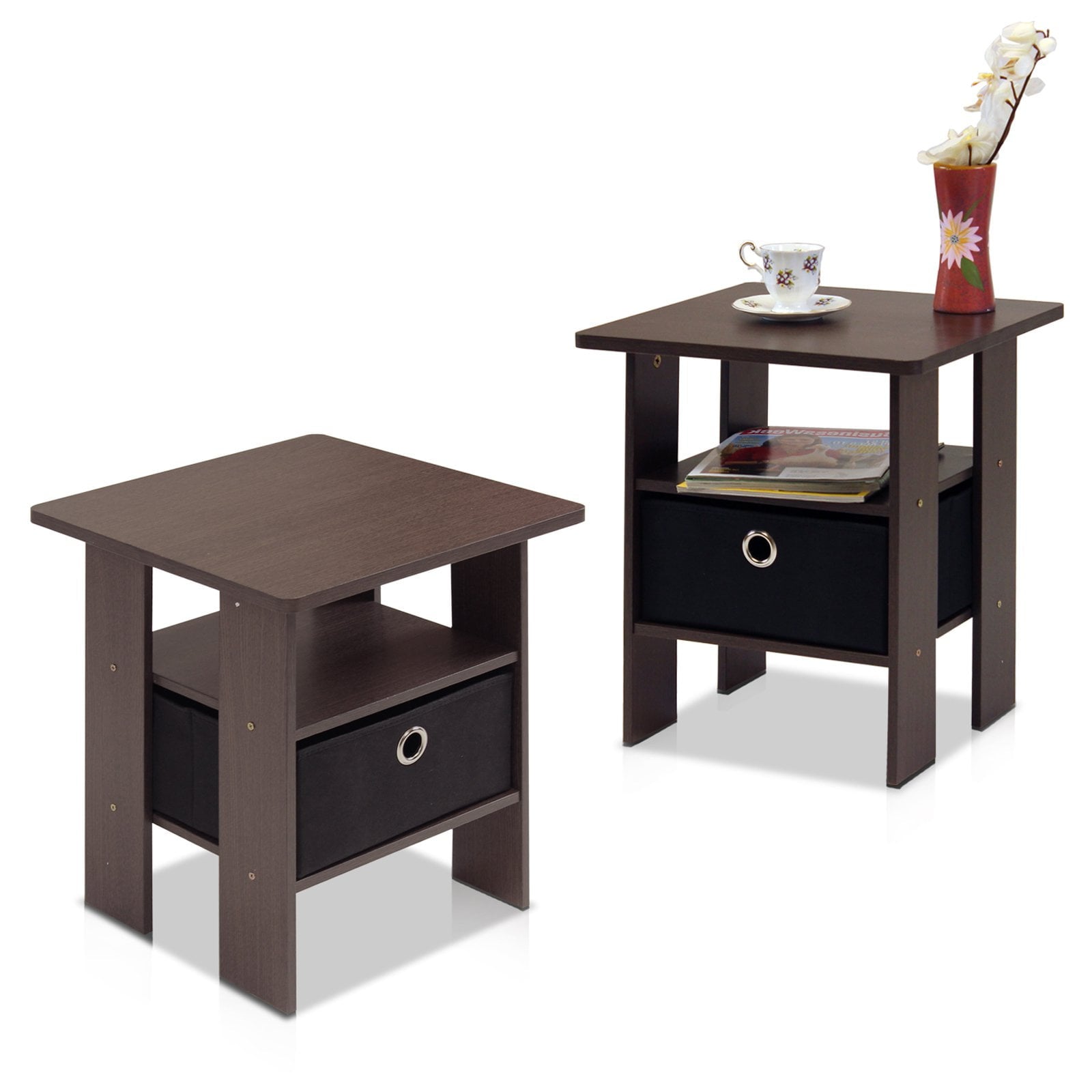 Furinno 2 Petite End Table Bedroom Night Stand - Set of Two, Gray/Black