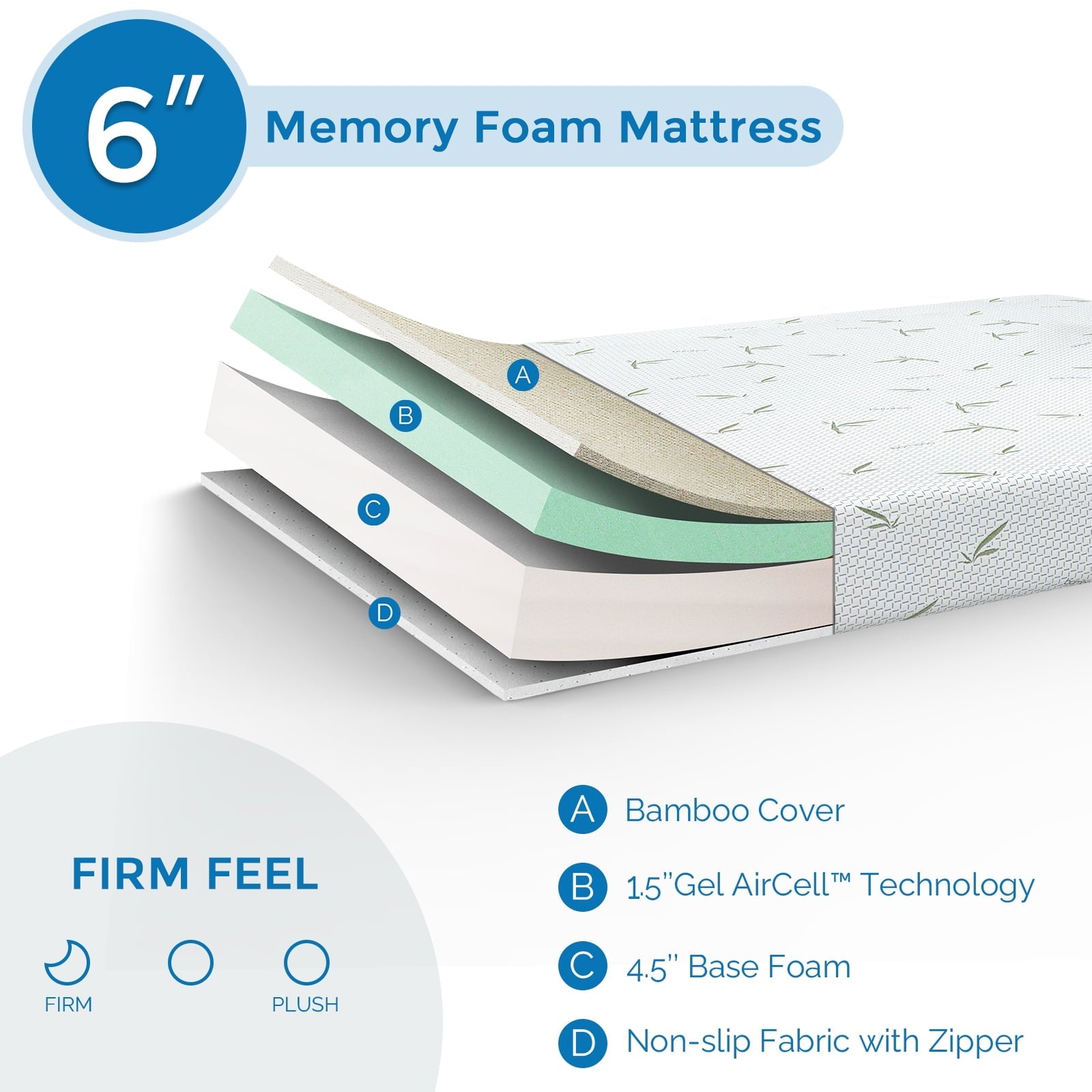 Mattress, 6 inch Memory Foam Mattress Bed in a Box, with Green Tea Cooling Gel, Made in USA