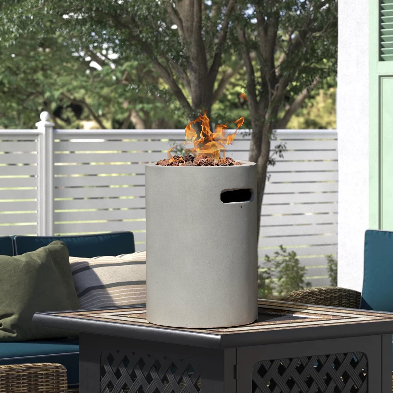 Tabletop Fireplace Small Propane Fire Pit, Patio Outdoor 10inch Portable Concrete Tabletop Gas Fire Bowl, Round-Wood Pattern Brown