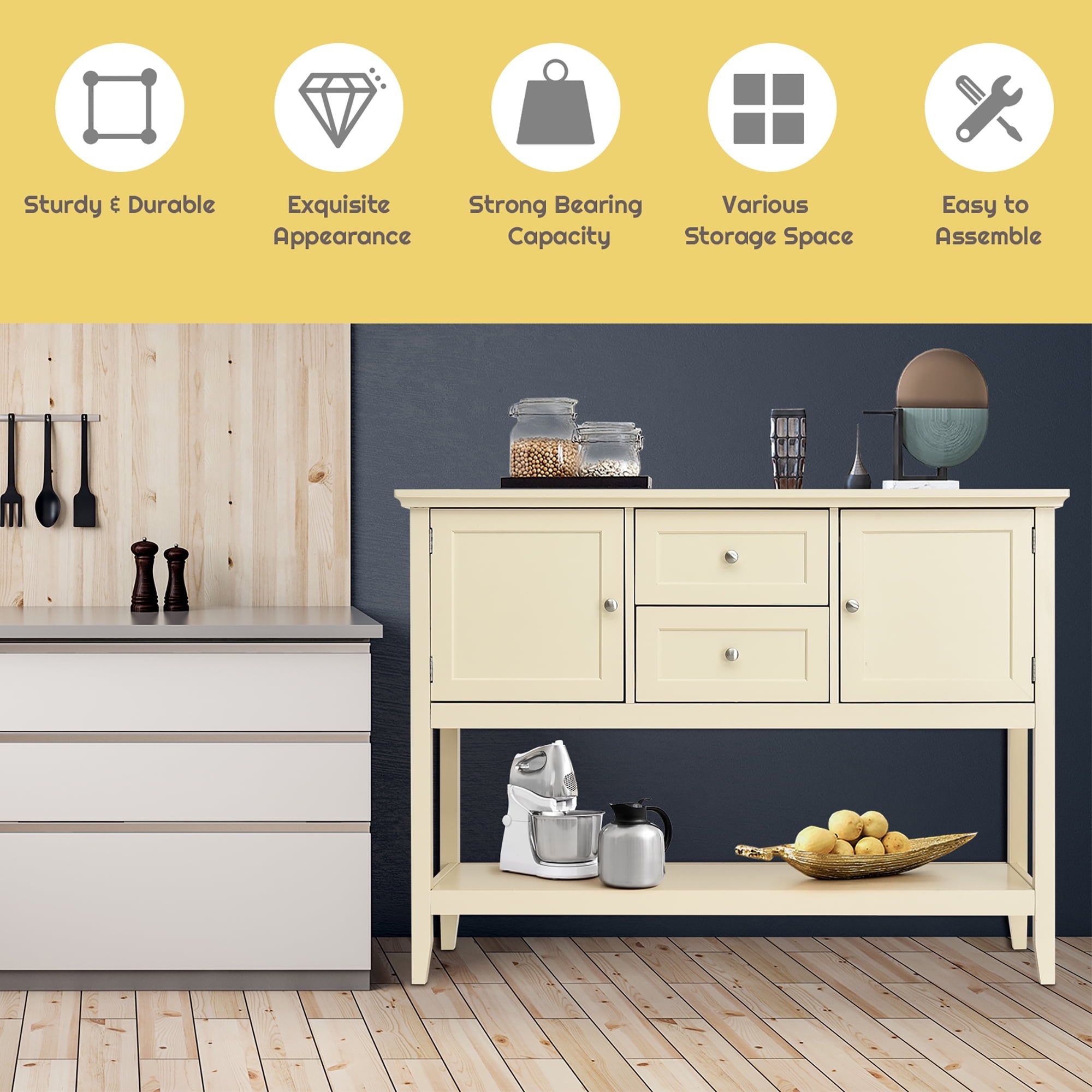 Costway Sideboard Buffet Table Wooden Console Table w/ Drawers & Cabinets Beige