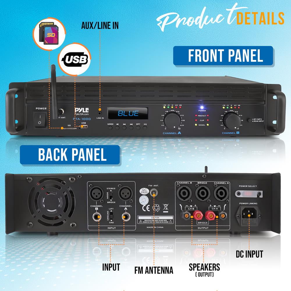 Pyle 2-Channel 2000W Bridgeable Rack Mount Pro Audio Sound Wireless Home Stereo Receiver Amplifier