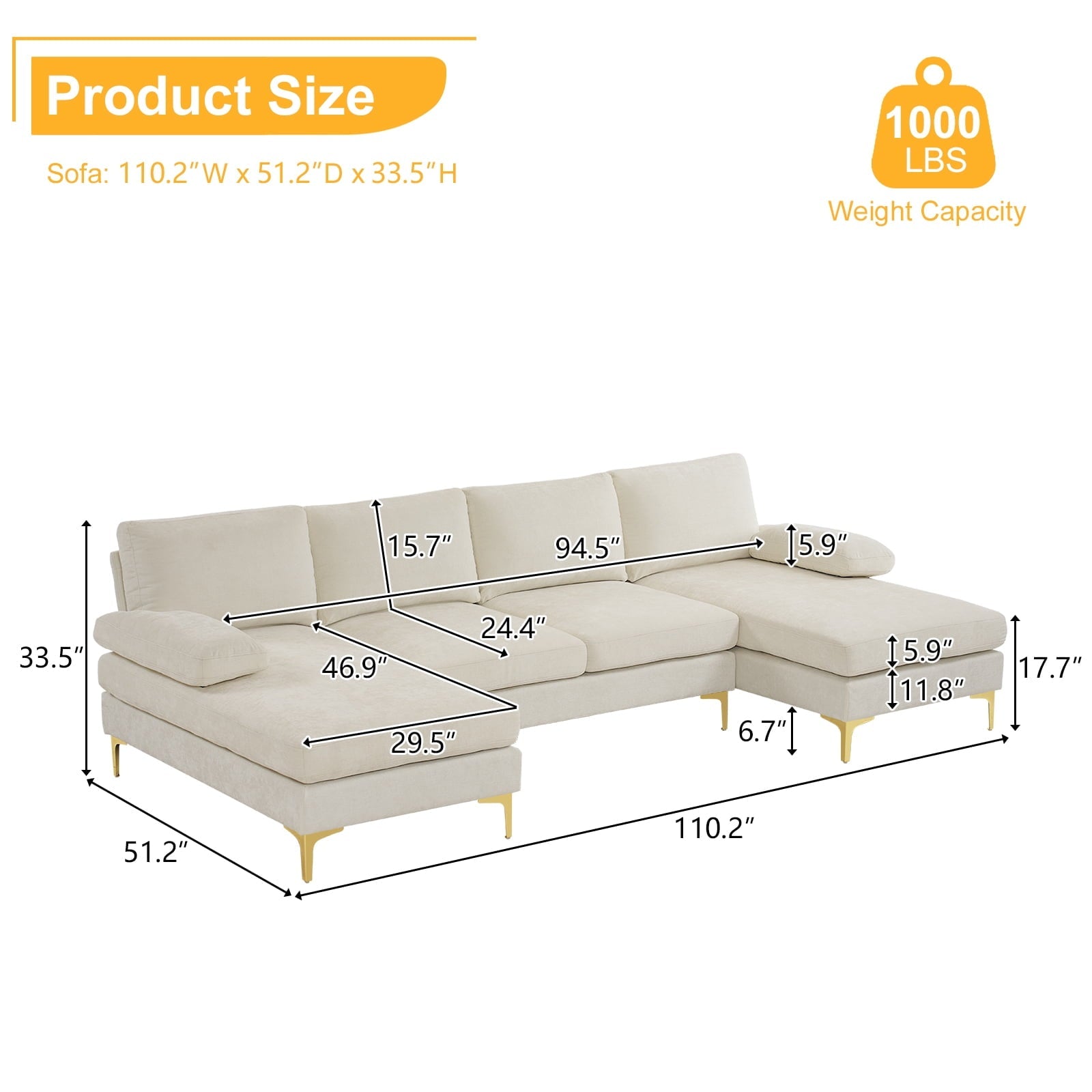 Zimtown Convertible Sectional Sofa,U Shaped Couch with Double Reversible Chaise, Chenille Fabric Fabric Sectional Couch with Metal Feet Beige