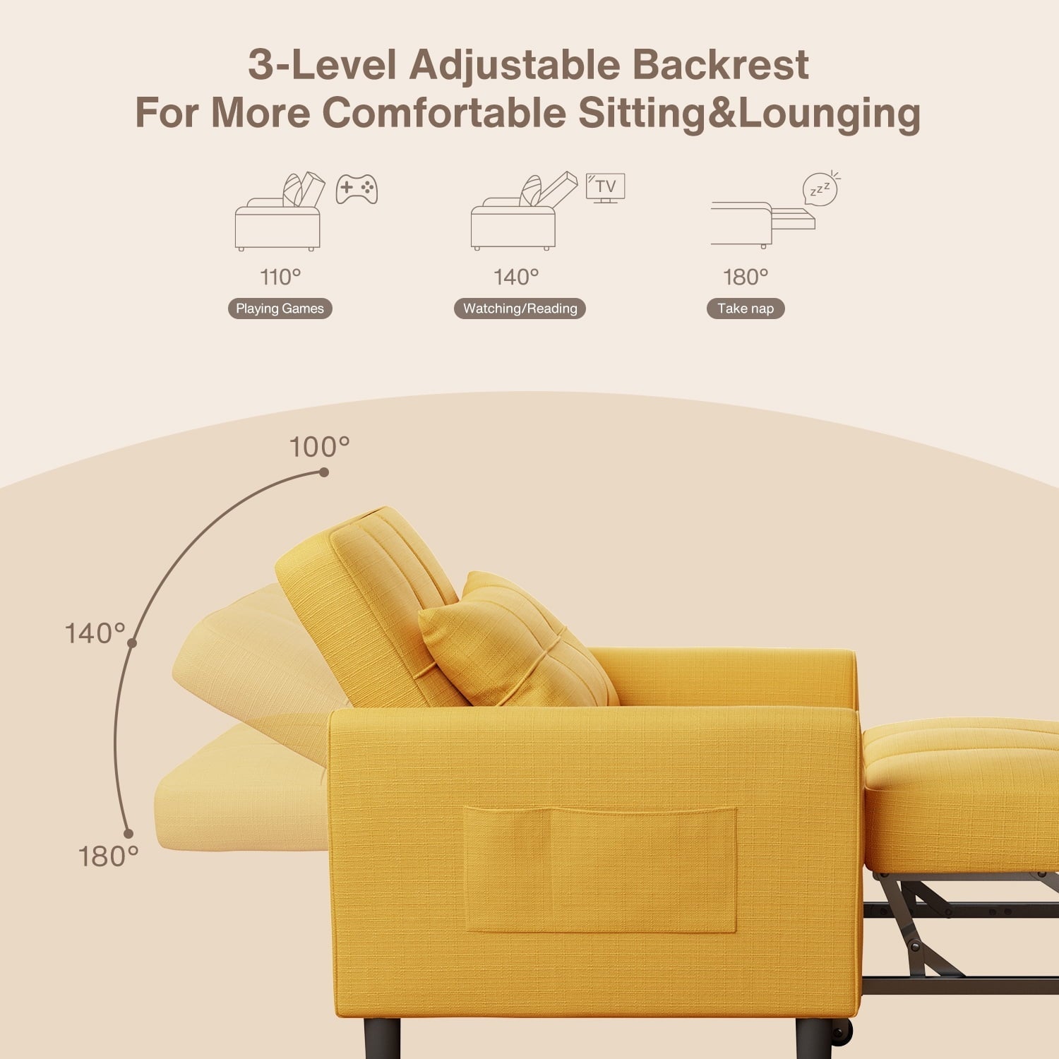 Chair Bed, Lofka Single Recliner Convertible Sofa Bed, 400lbs, Yellow