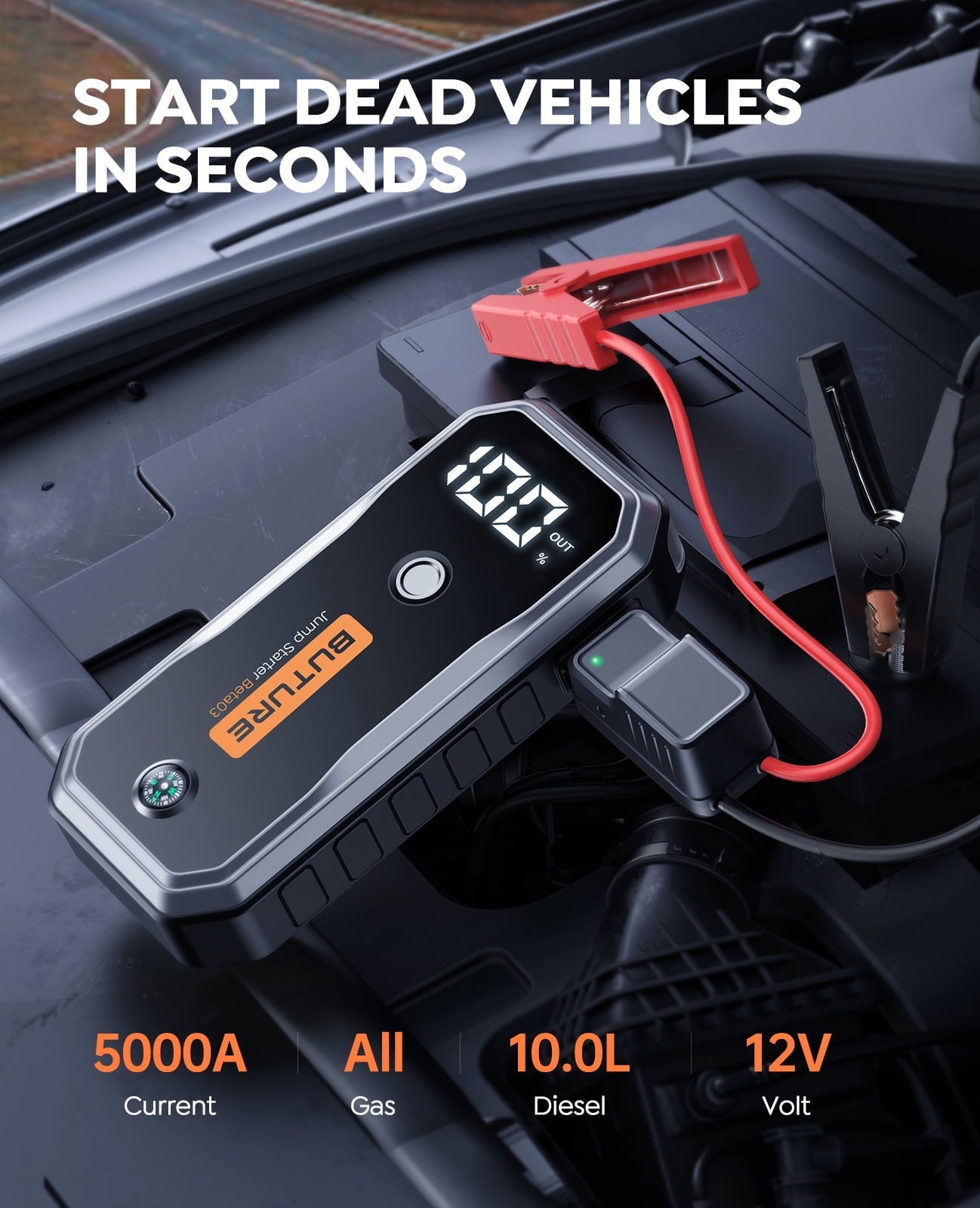Car Battery Jump Starter 5000A 26800mAh (All Gas/10L Diesel) Powerful Portable Lithium Jump Starter with Fast Charge Extended Cables and Lights BUTURE