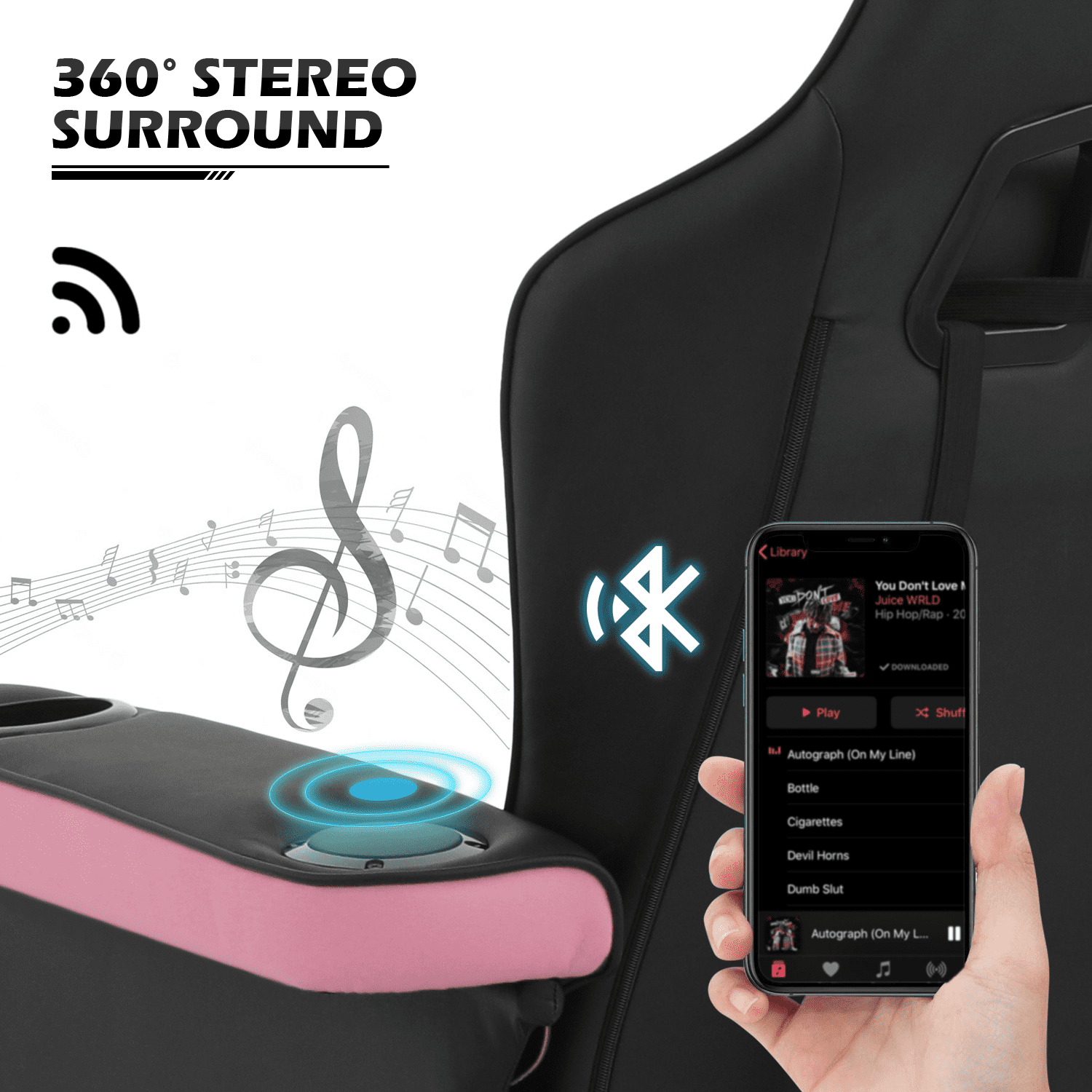 MoNiBloom Massage Video Gaming Recliner Chair, Ergonomic Computer Desk Chair with Bluetooth Speakers, High Back PU Leather Chair with Adjustable Backrest, Footrest and Lumbar Support, Pink