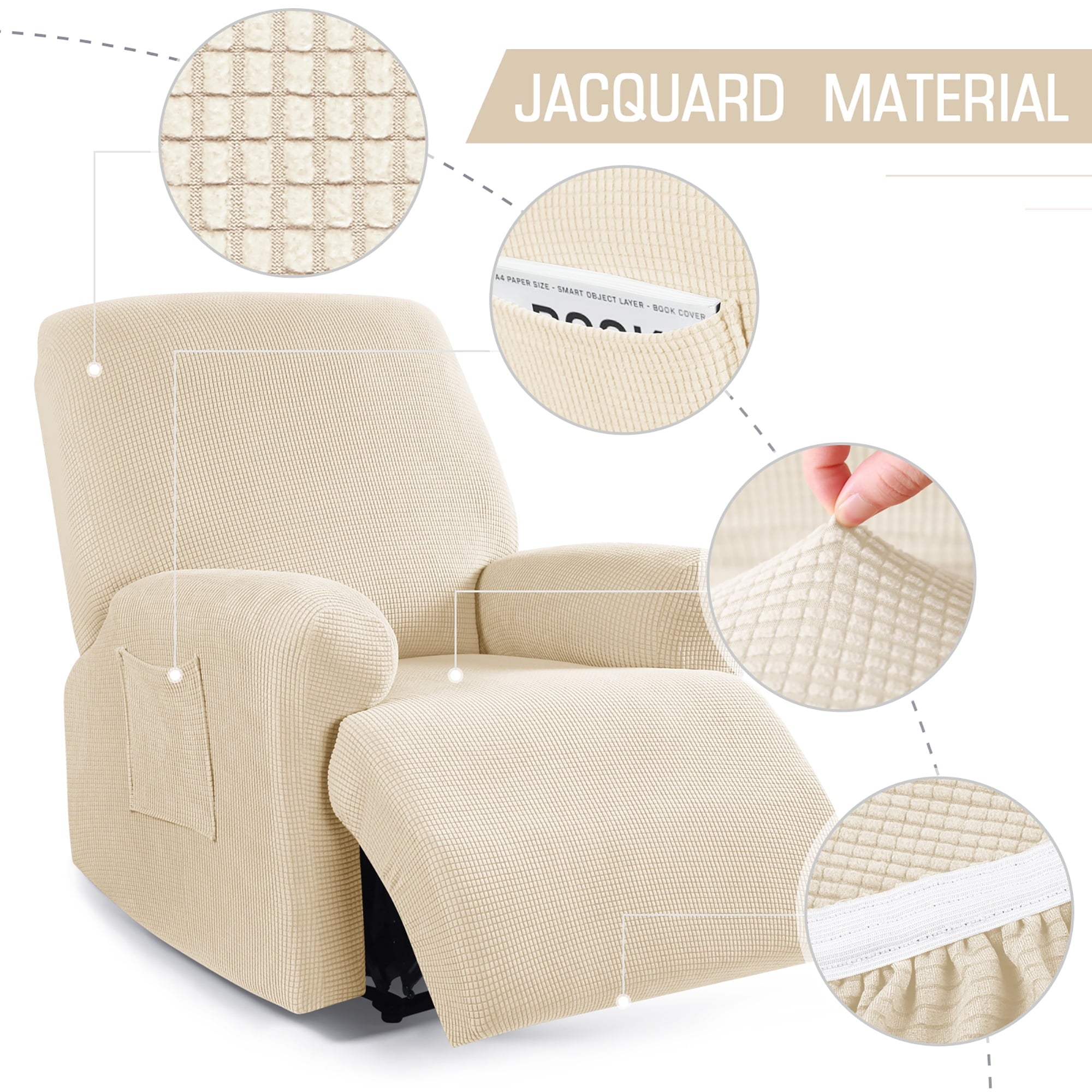 TAOCOCO Stretch Armchair Reclining Slipcovers, Solid Jacquard 4-Pieces Recliner Chair Covers Beige