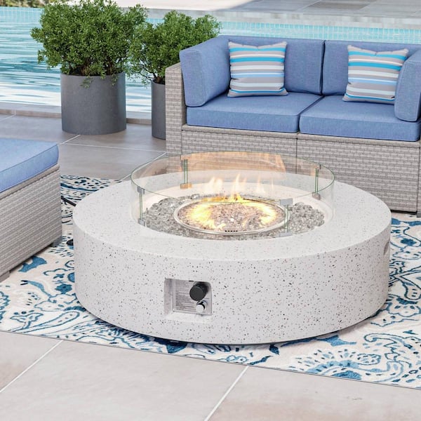 41 in. 50000 BTU Elegant White Round Composite GRFC Fire Pit Table with Glass Wind Guard and Water-Resistent Cover