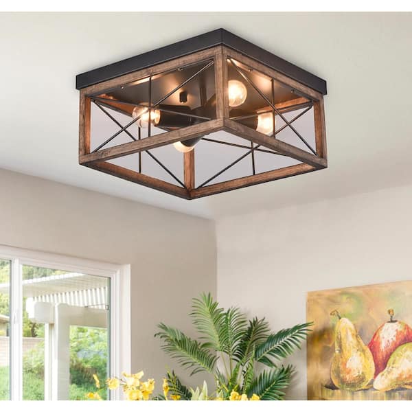 12.6 in. 4-Light Farmhouse Rustic Square Wooden Flush Mount Ceiling