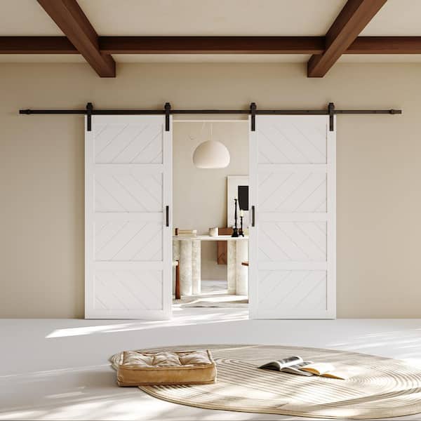 72 in. x 84 in. Paneled 4 Lite Wave Shape MDF White Prefinished Double Sliding Barn Door Slab with Hardware Kit