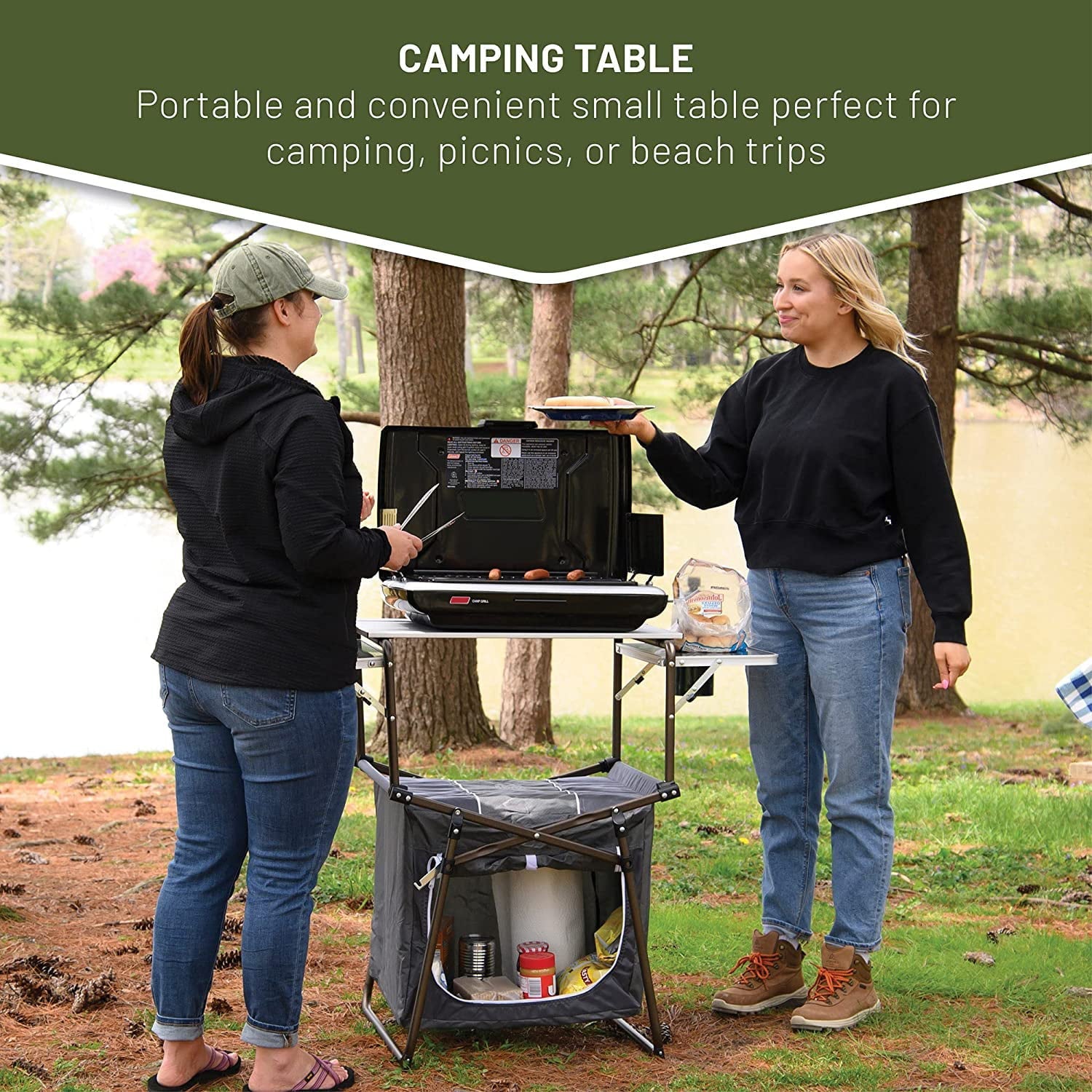 Folding Kitchen Lightweight Portable Aluminum Storage and Carry Bag, Camp Cook Station, Foldable Grill Table for BBQ, Picnic, Backyard, 42.13X13.58X31.3/33.46 inches, Gray